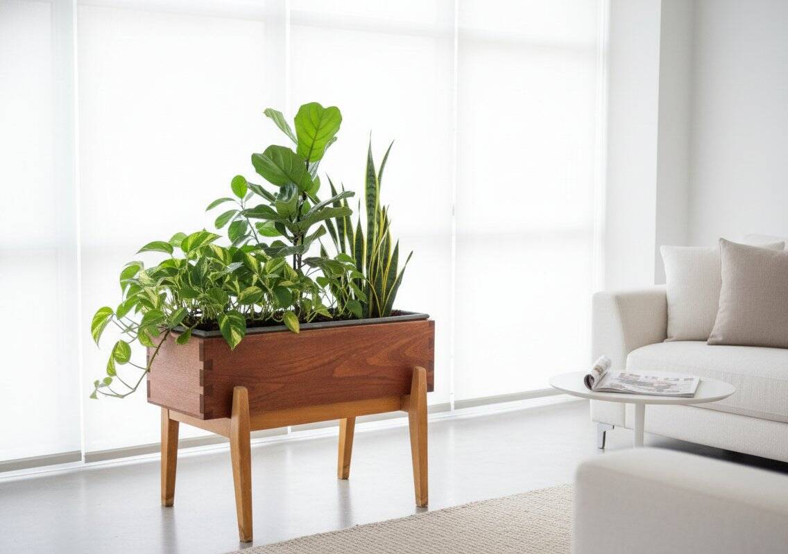 Teak and Beech Planter with Zinc Coating, Denmark, 1950s