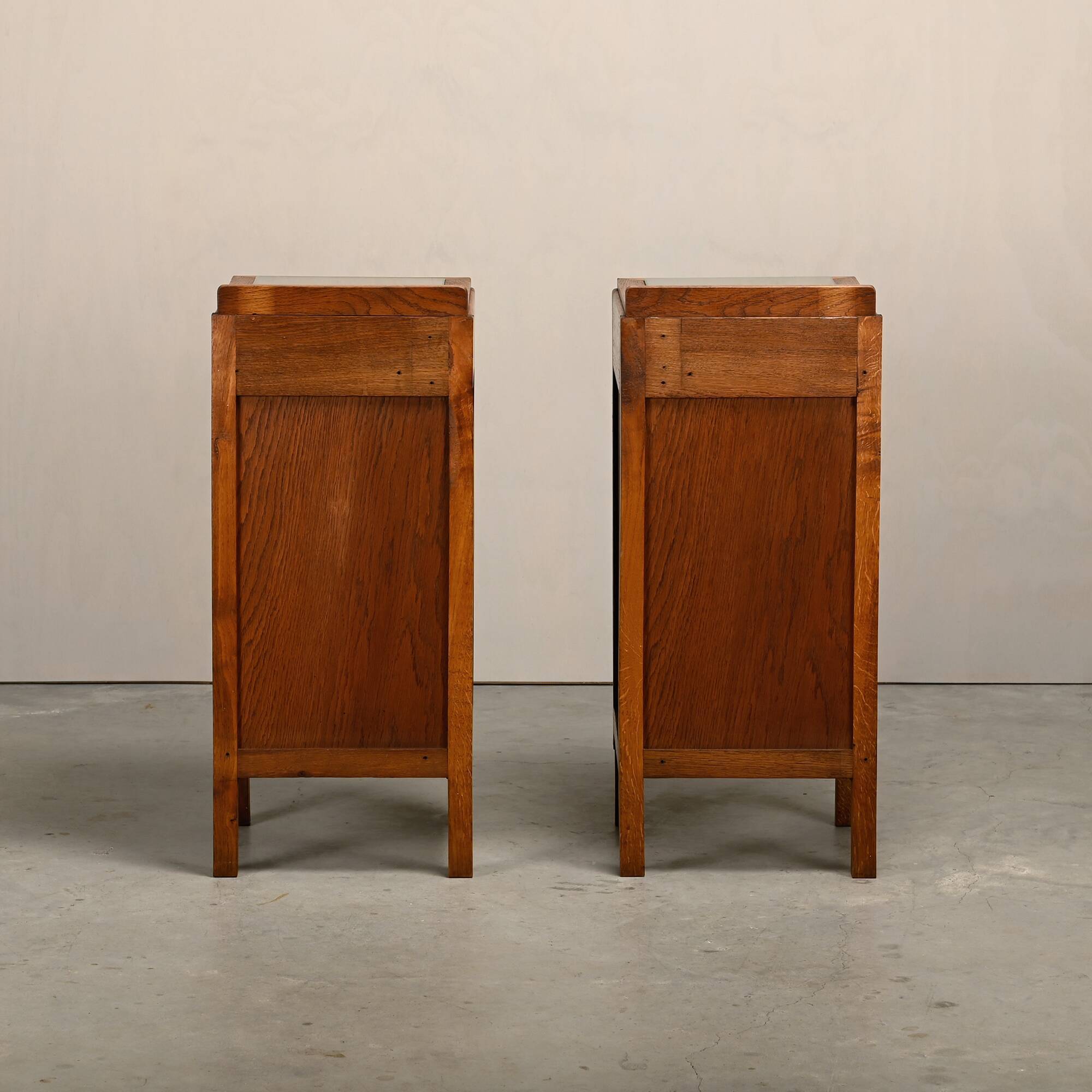 Art Deco Amsterdam School Nightstands oak wood and glass, 1930s Netherlands