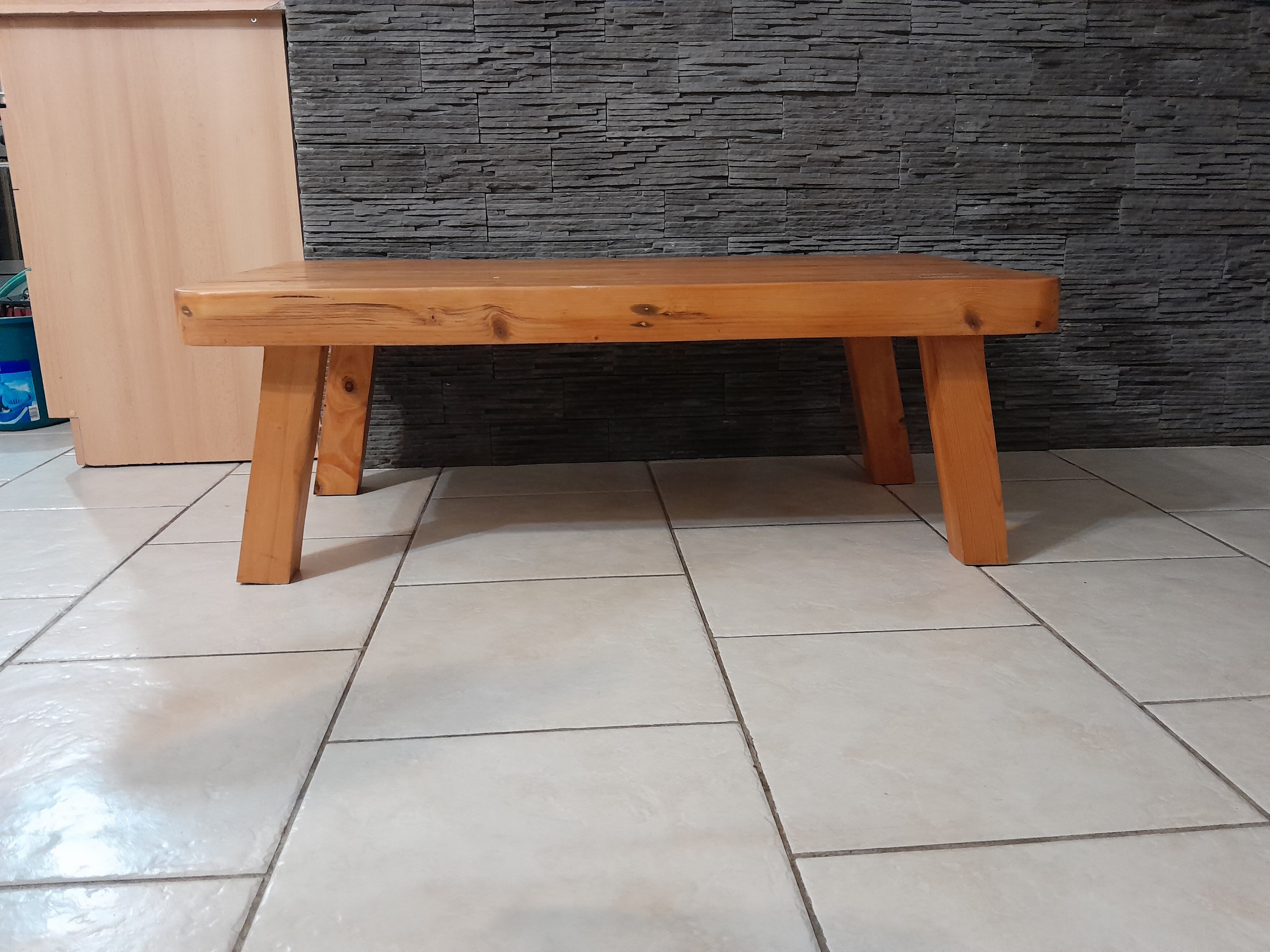 Table basse pin pieds compas vintage années 70-80