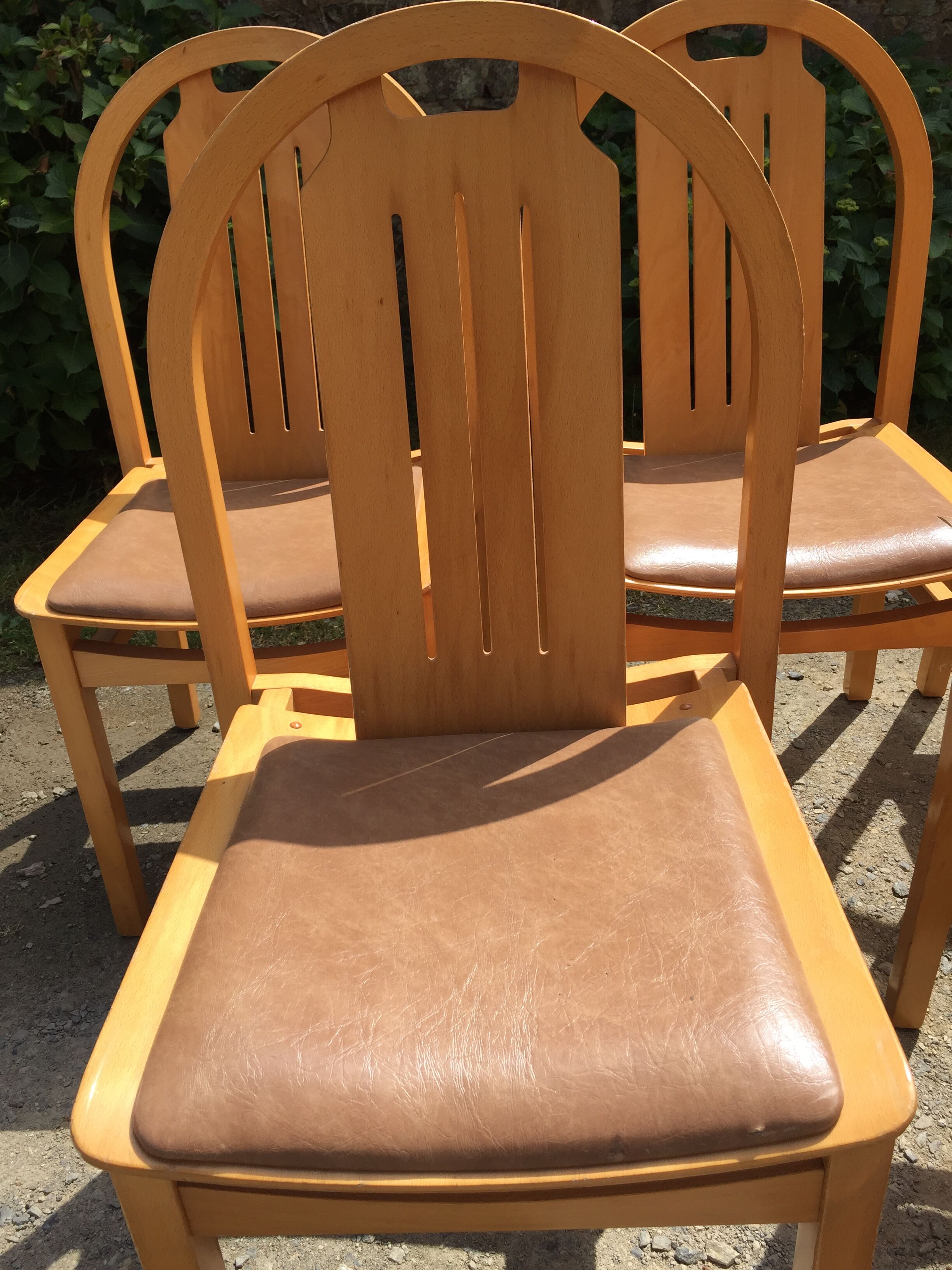 Vintage Baumann chairs in beech, seats in beige brown Skaï, series of 6.