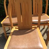 Vintage Baumann chairs in beech, seats in beige brown Skaï, series of 6.