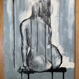 Tableau signé huile encre de chine sur toile portrait femme de dos