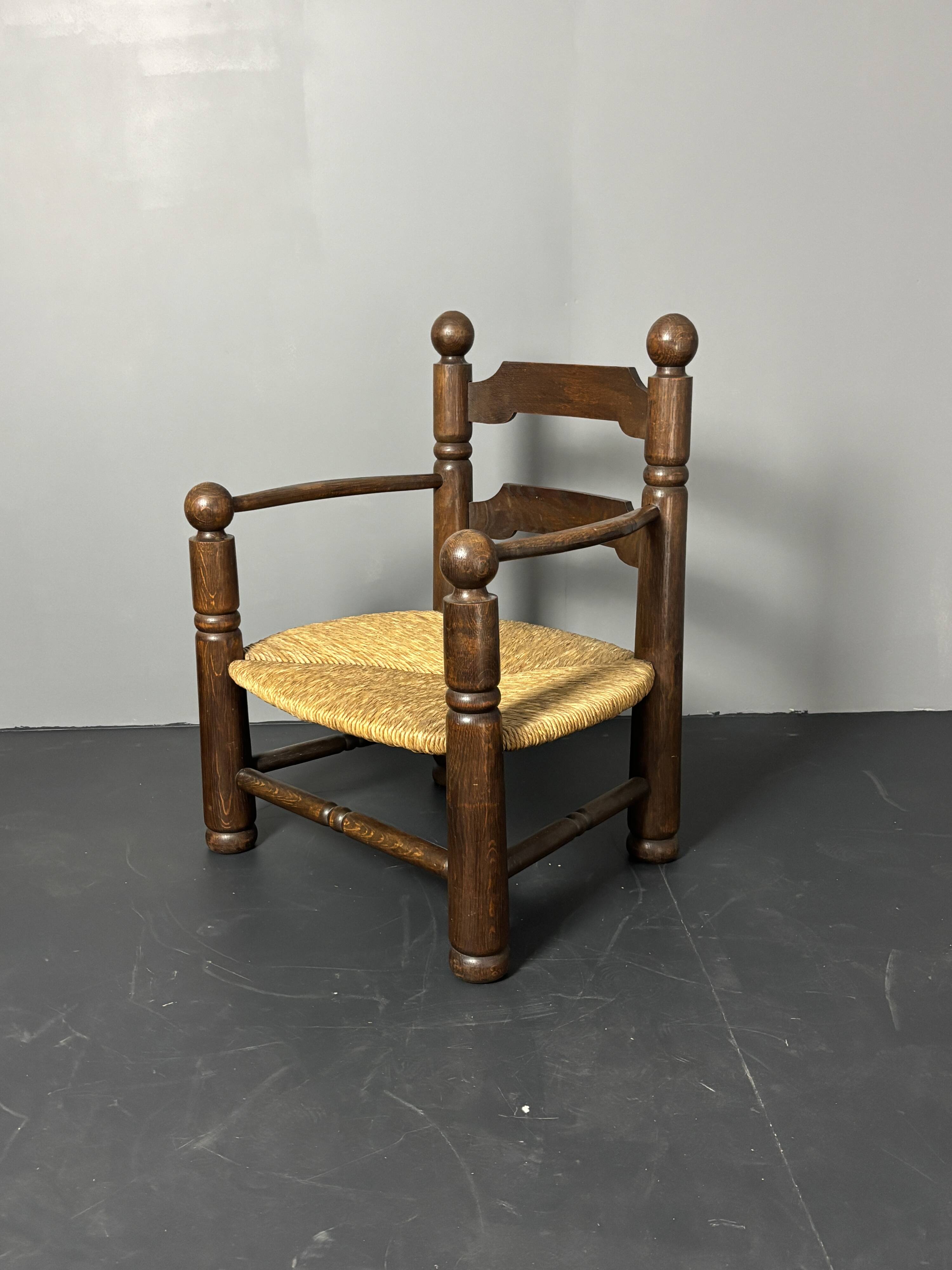 Brutalist French low rush oak side armchair by Charles Dudouyt ca 1940s