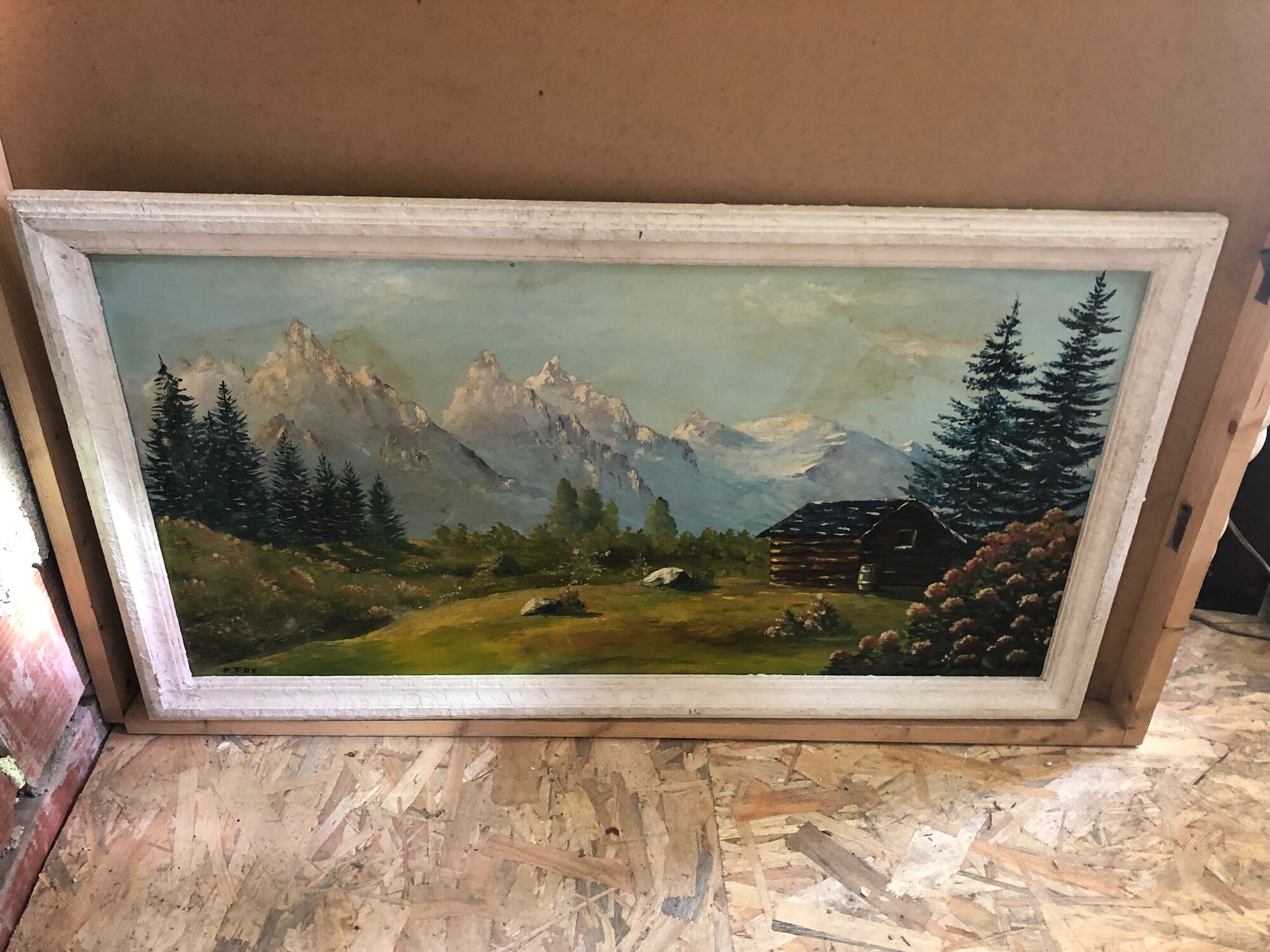 Old painting oil on panel p. FOY Mountain view + Frame Wood Vintage White