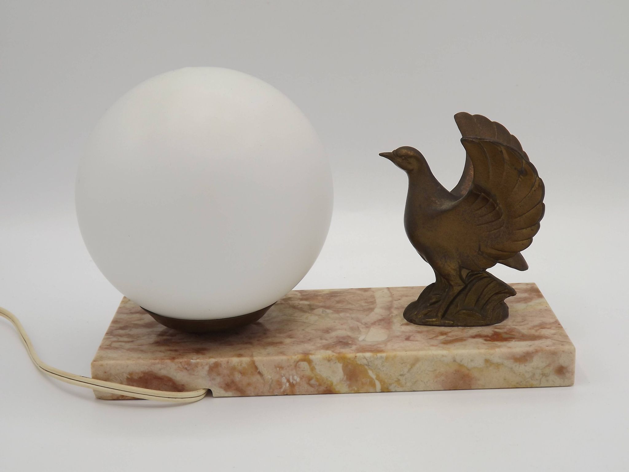 French Art Deco table lamp, bird motif, marble base, white glass globe 4477