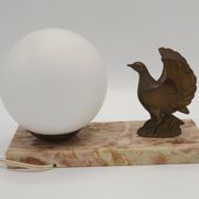 French Art Deco table lamp, bird motif, marble base, white glass globe 4477