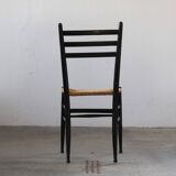 Vintage set of 8 Italian papercord black dining chairs, woven seat, 1950s