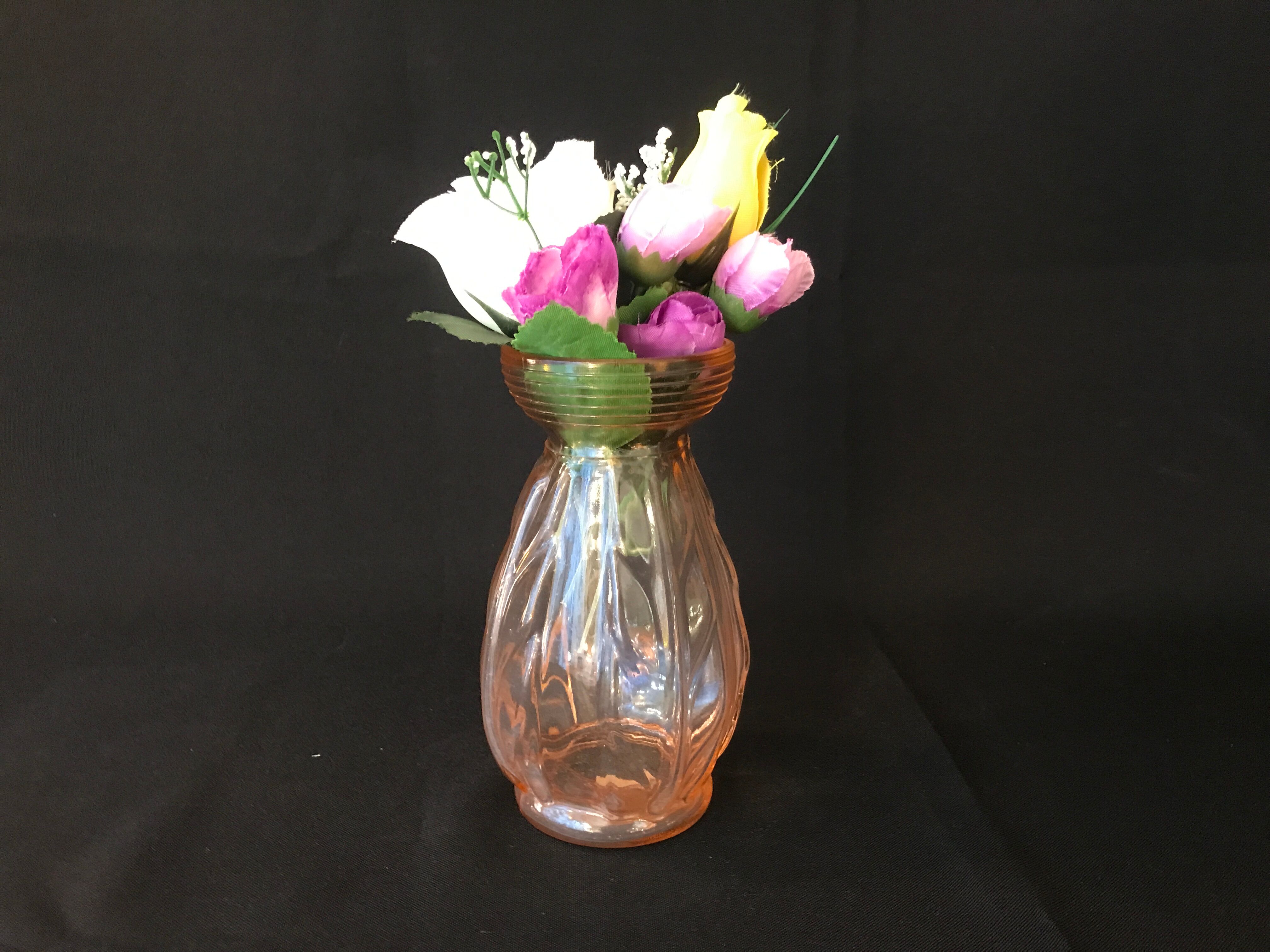 Antique art deco hyacinth vase in pink molded glass leaf pattern