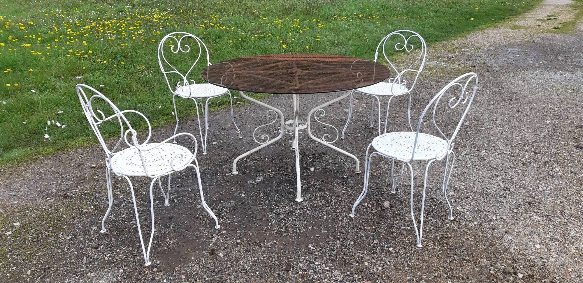 Garden furniture wrought iron and smoked glass 1900