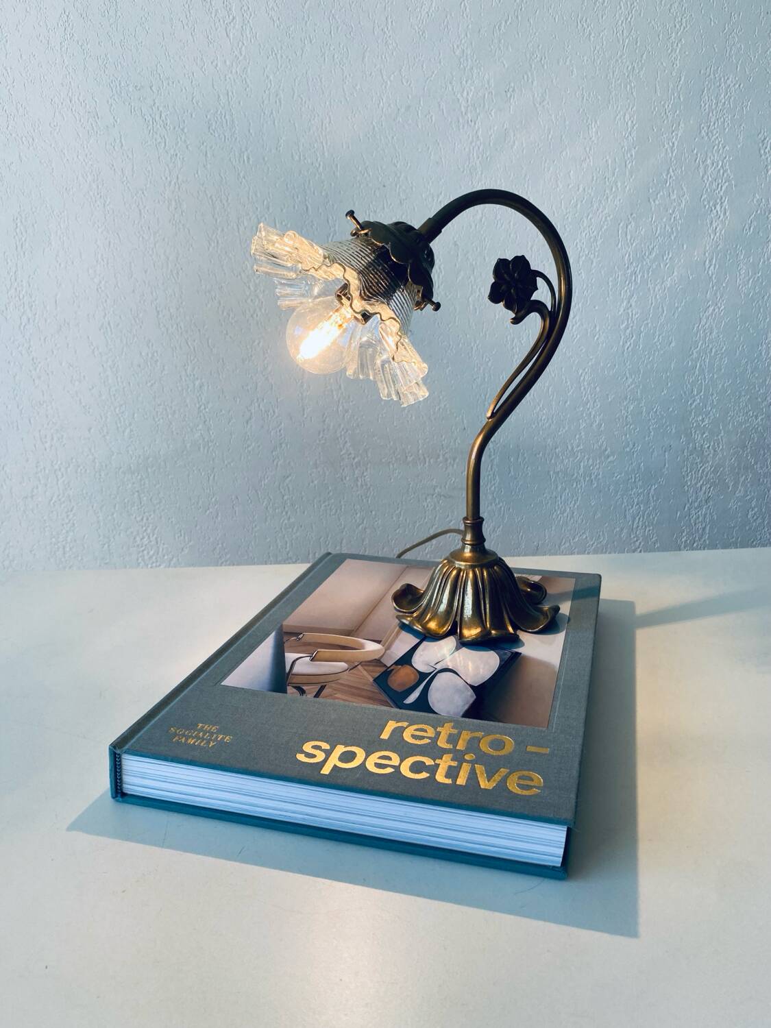 Vintage brass and glass flower lamp