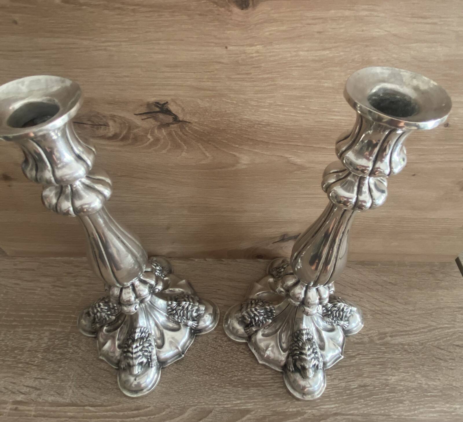 Antique Pair of Solid Silver Flambeaux Candlesticks with Unicorn Hallmark, Early X
