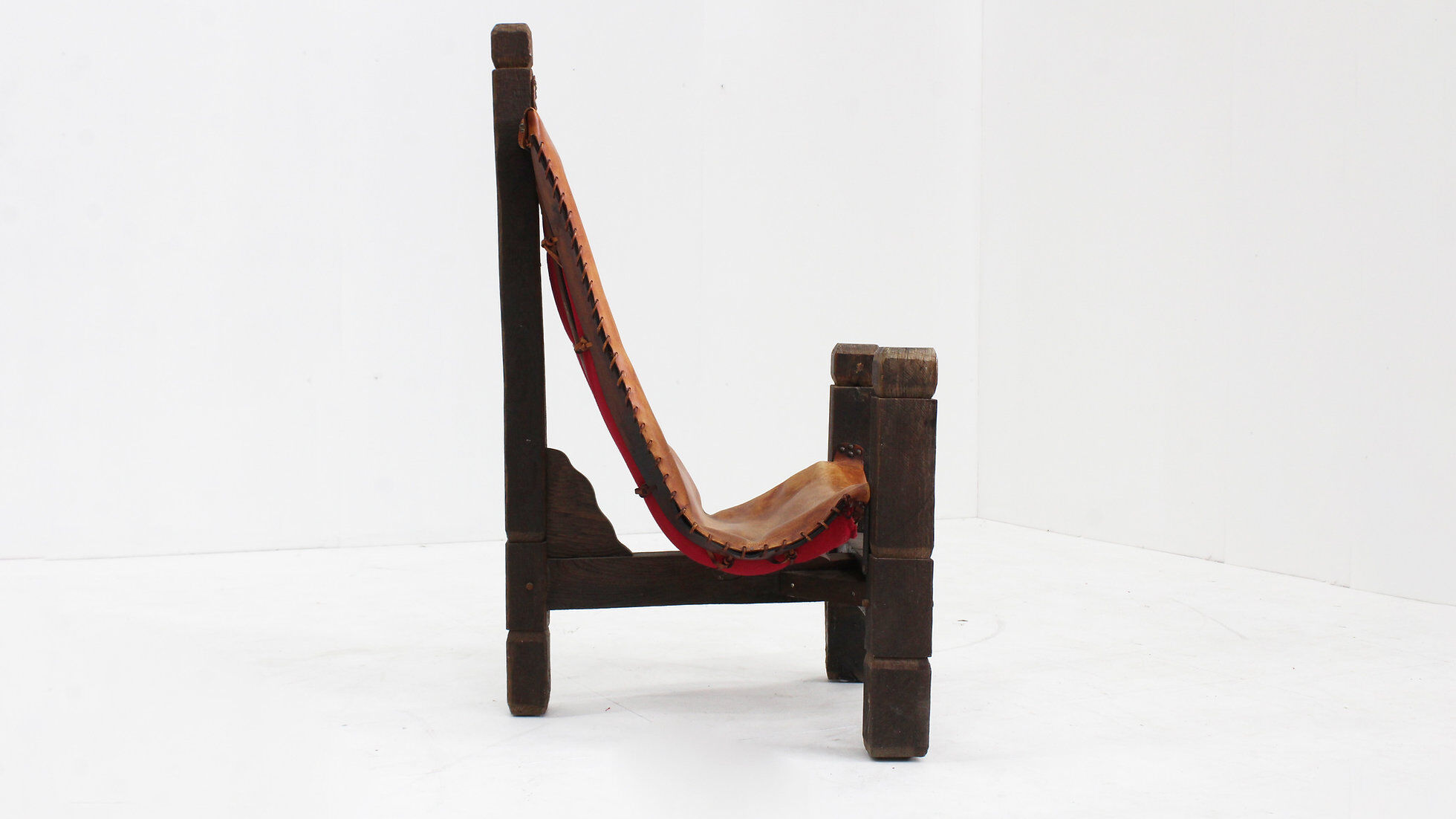 Vintage Brutalist tripod chair leather and wood