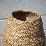 Large old basket, burgundy straw and bramble, woven basket