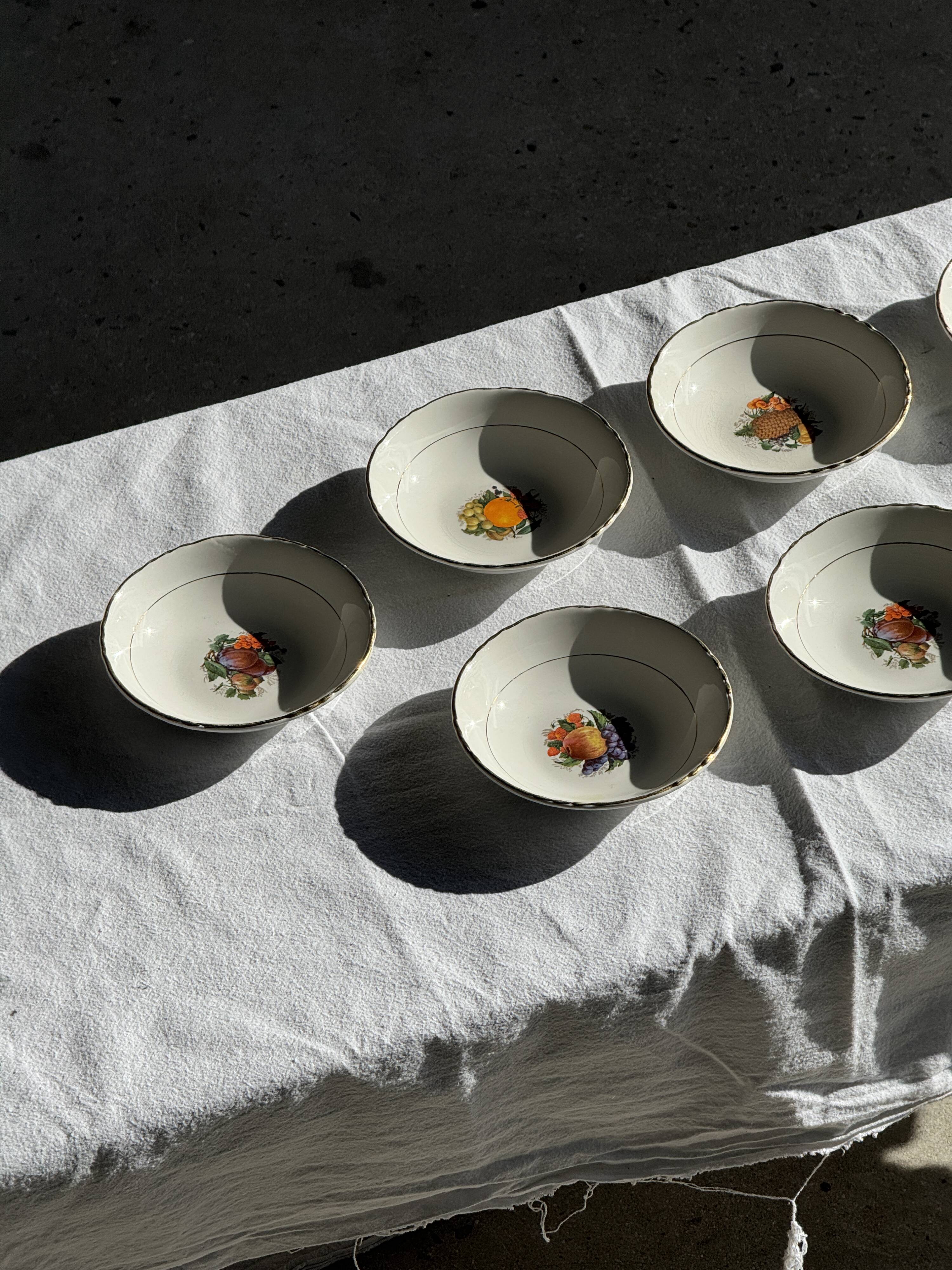 Vintage fruit salad service consisting of a bowl and 7 small dishes.