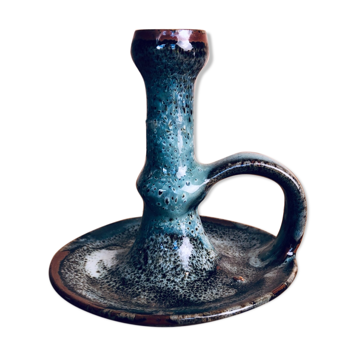 Blue glazed varnished sandstone cellar rat candlestick