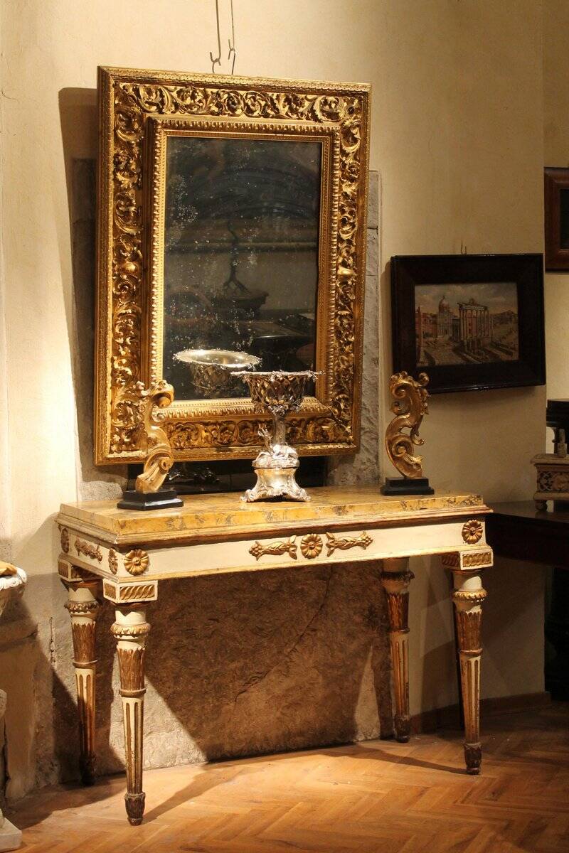 Italian Louis XVI White Lacquer and Giltwood Console with Scagliola Siena Marble Top
