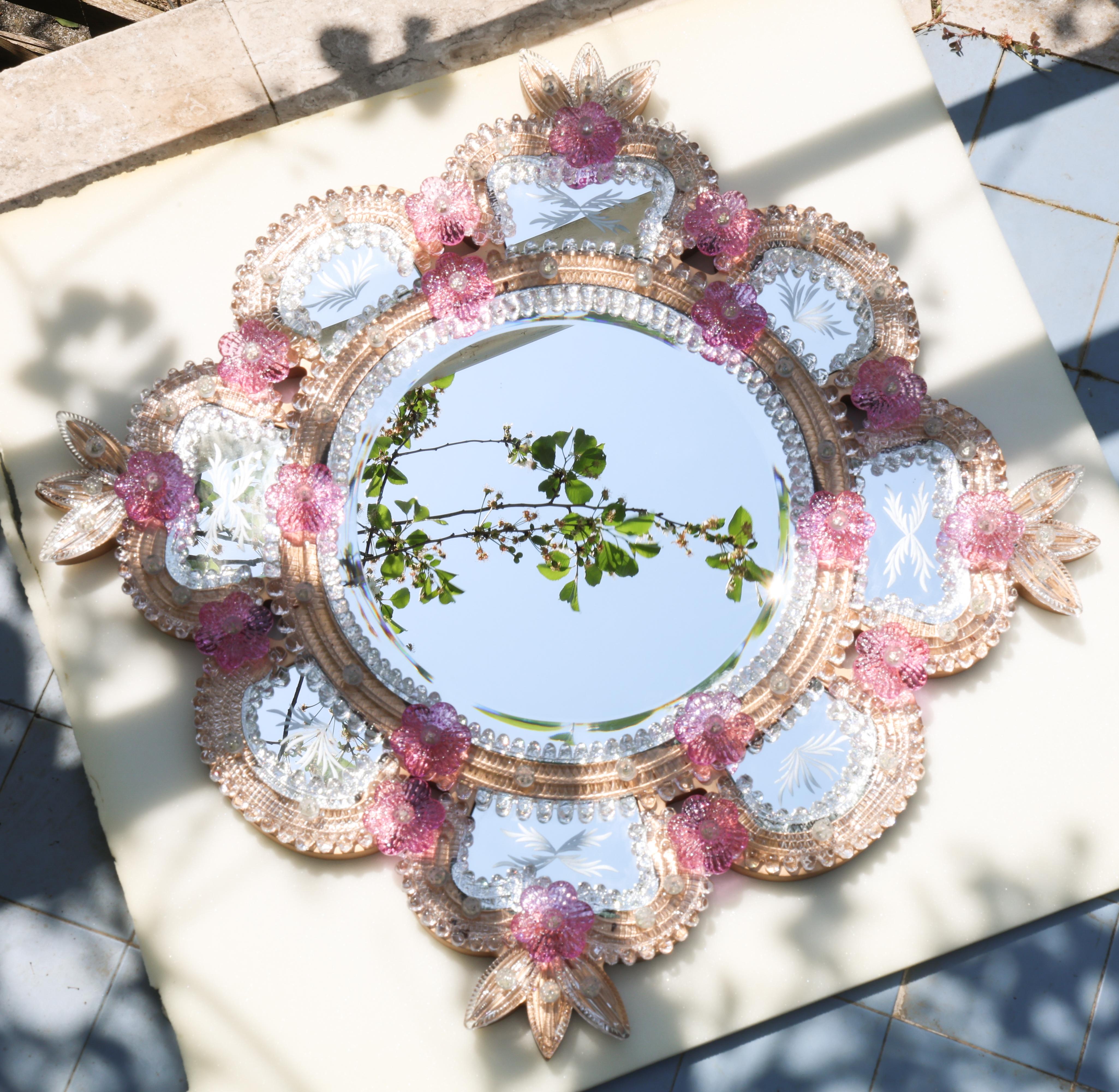 Exceptional Vintage Pink Murano Glass Wall Mirror