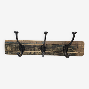 Solid teak coat hook with 3 double cast iron hooks