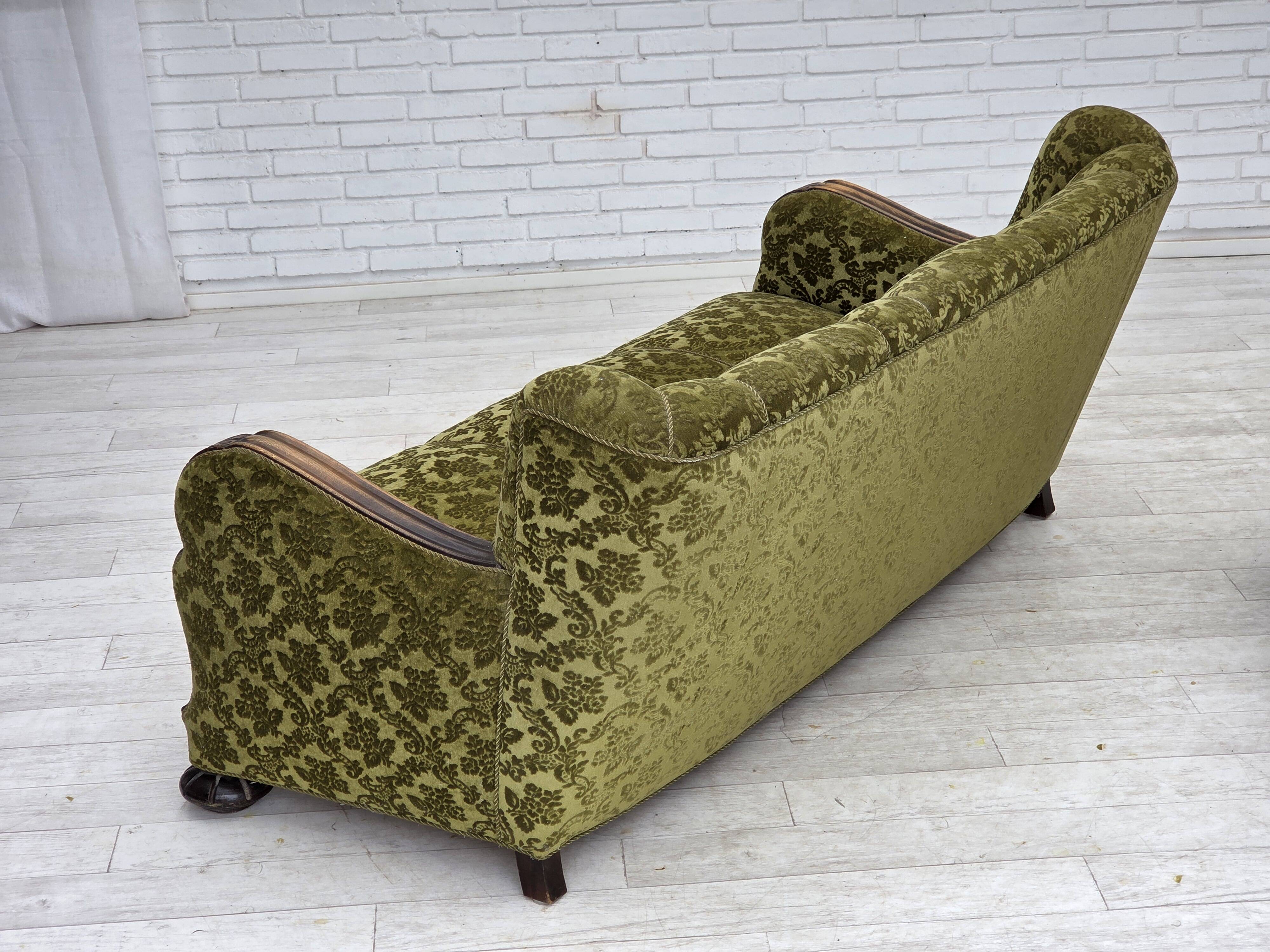 1960s, Danish 3-seater sofa, furniture velour, carved oak wood.