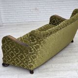 1960s, Danish 3-seater sofa, furniture velour, carved oak wood.