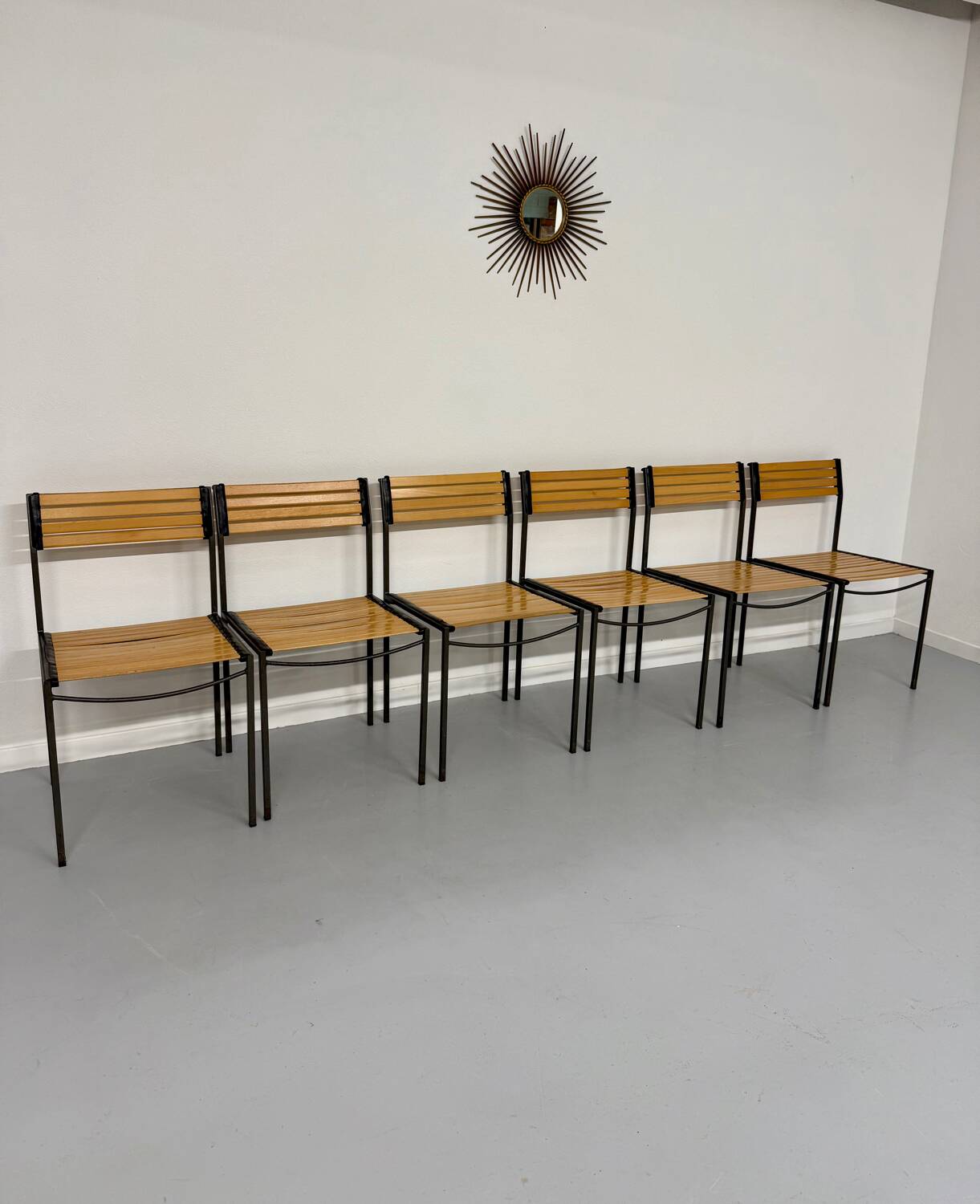 6 old metal and wood chairs, Italian design from the 80s, vintage