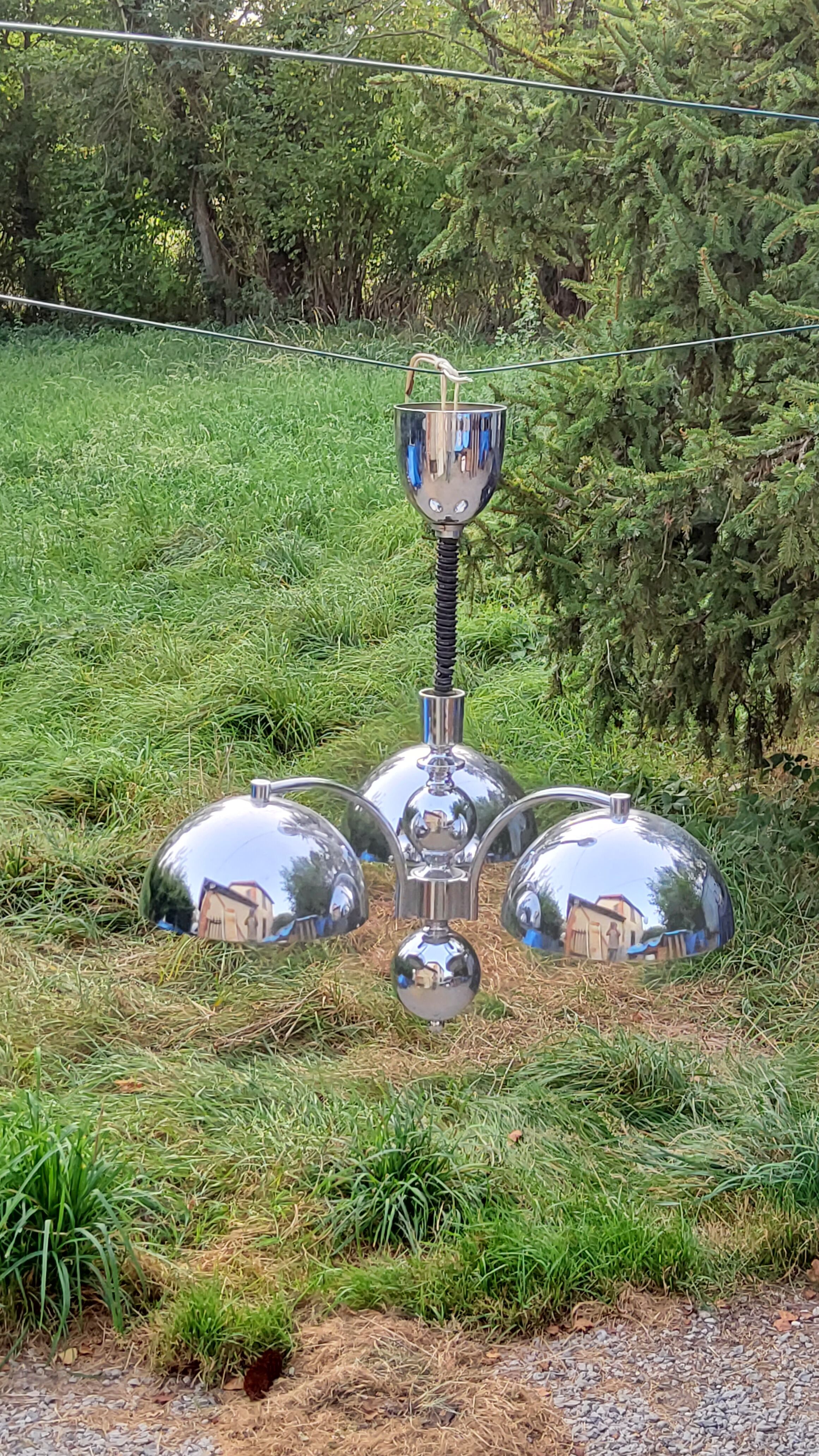Italian design chandelier in chrome metal 3 lights Rolly 1973
