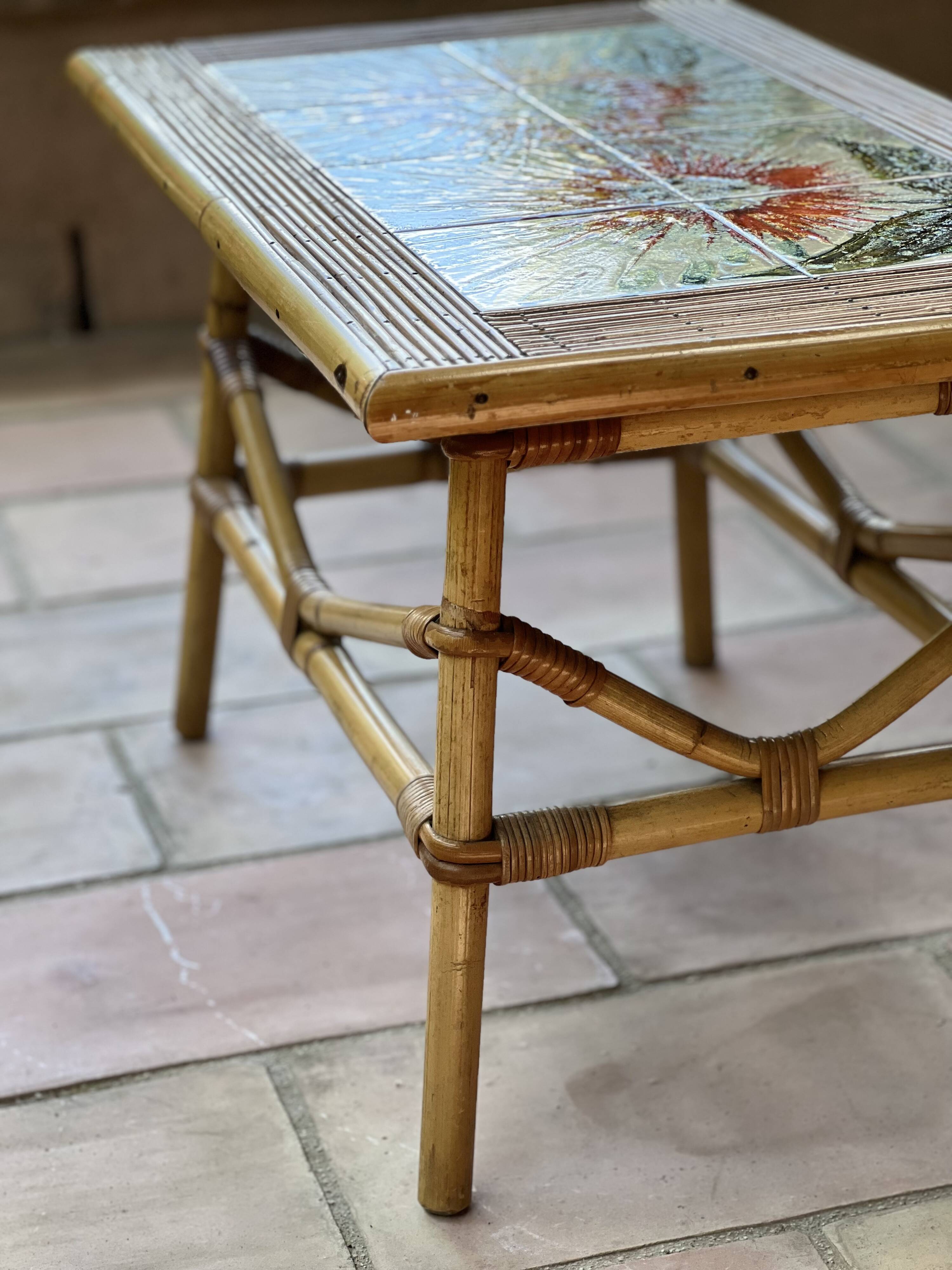 Rattan and ceramic coffee table leduc vallauris