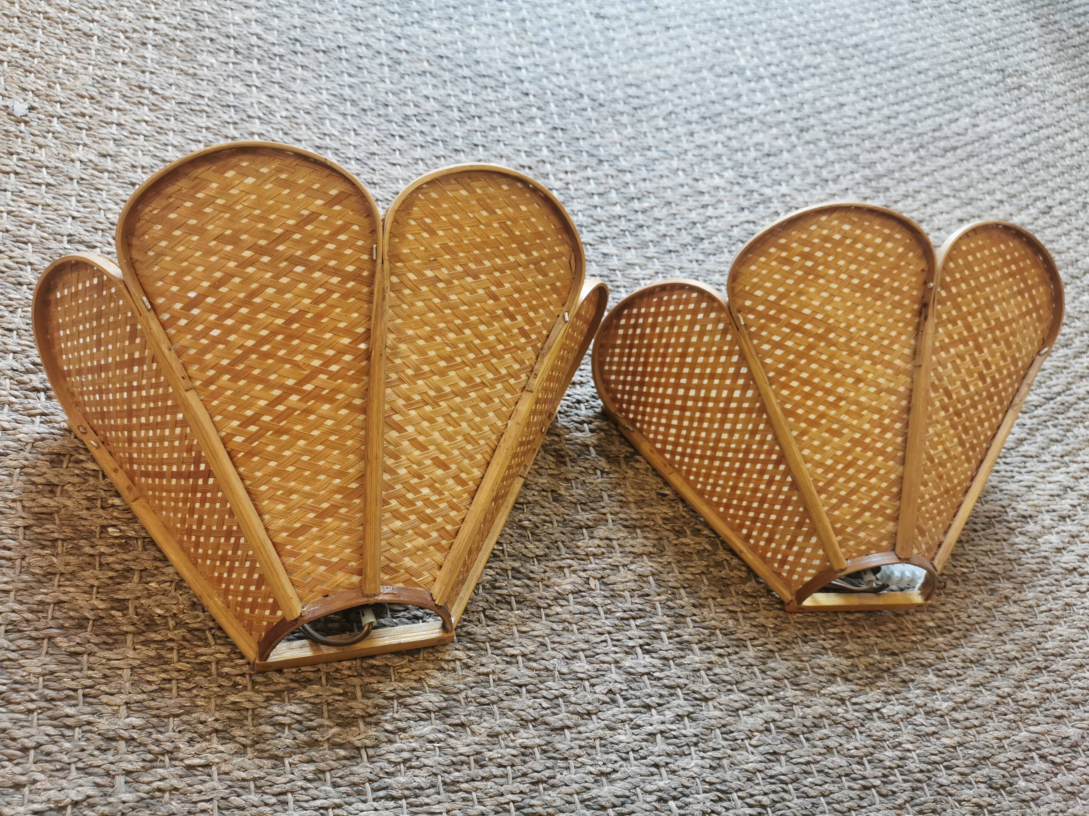 Pair of vintage "tulip" wall lights in rattan and canework