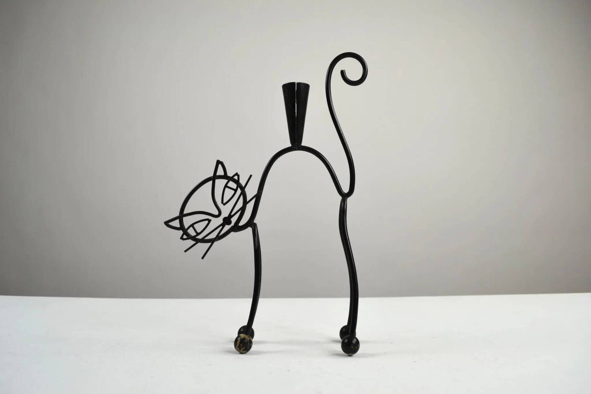 Black Painted Metal Cat Candle Holder by Gunnar Ander for Ystad-Metall, Sweden, 1950s–60s