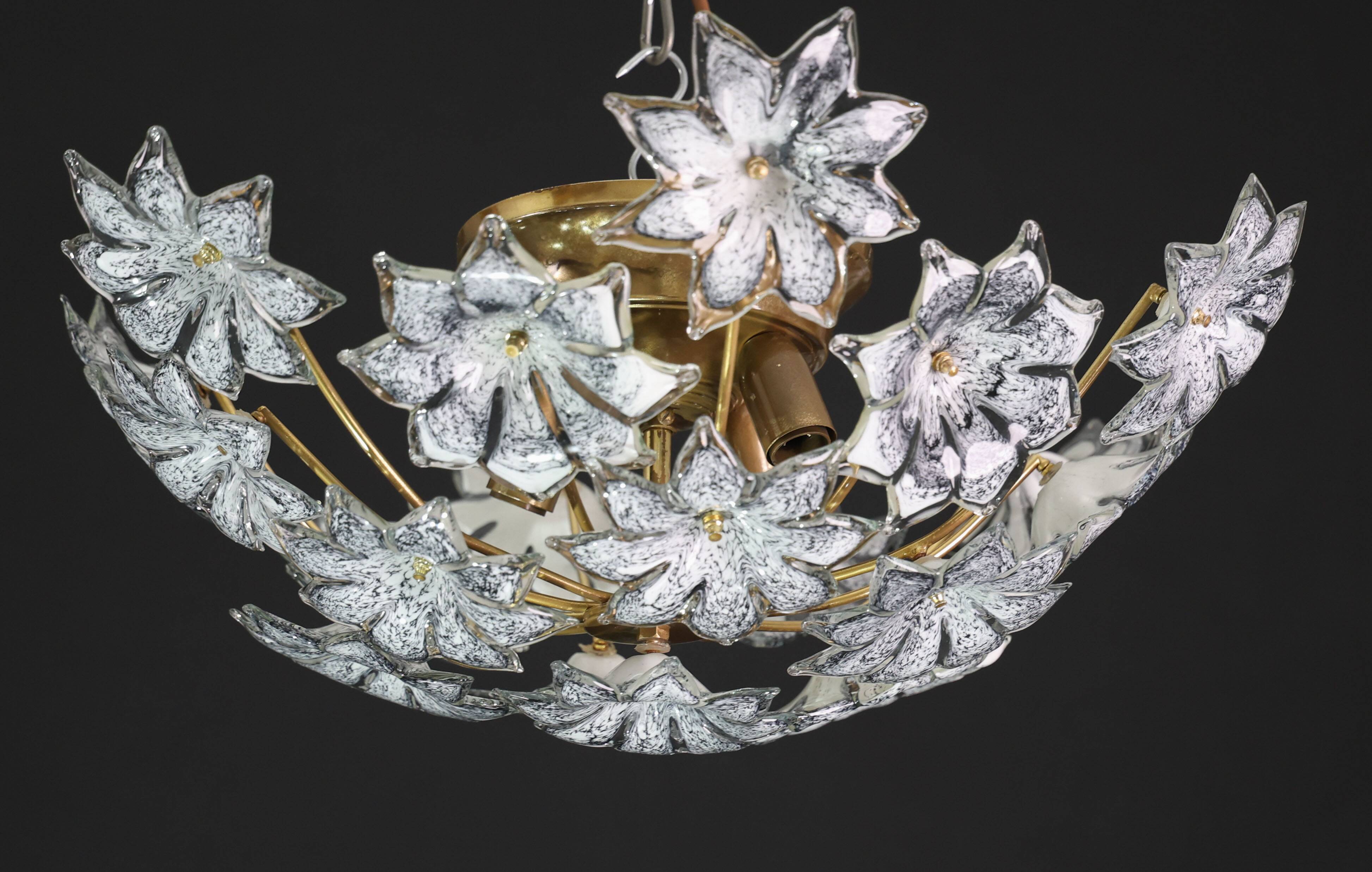 Large Murano Vintage Ceiling Light Black Flowers, 1970s