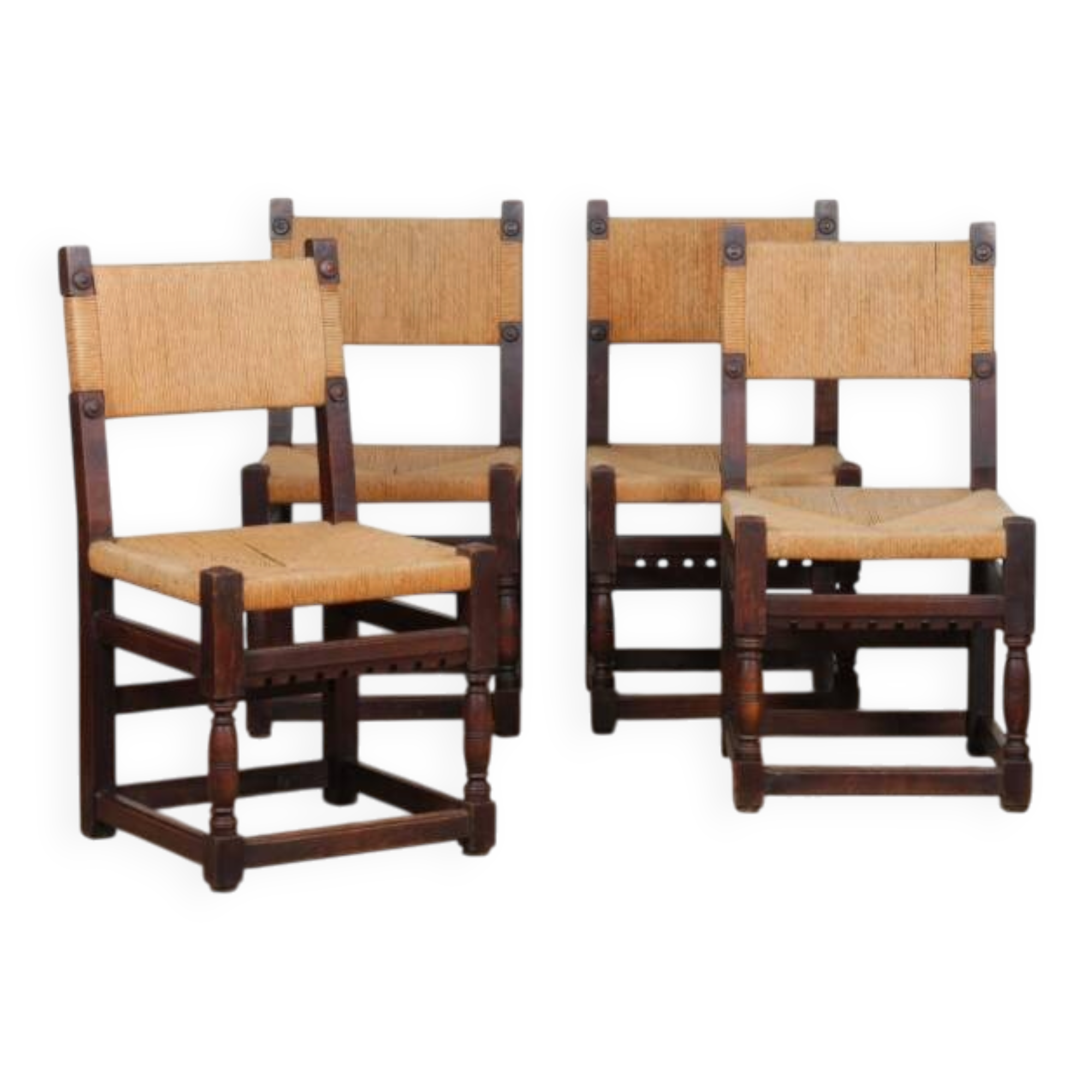 Set of 4 rush-seated chairs in solid oak, 1950.