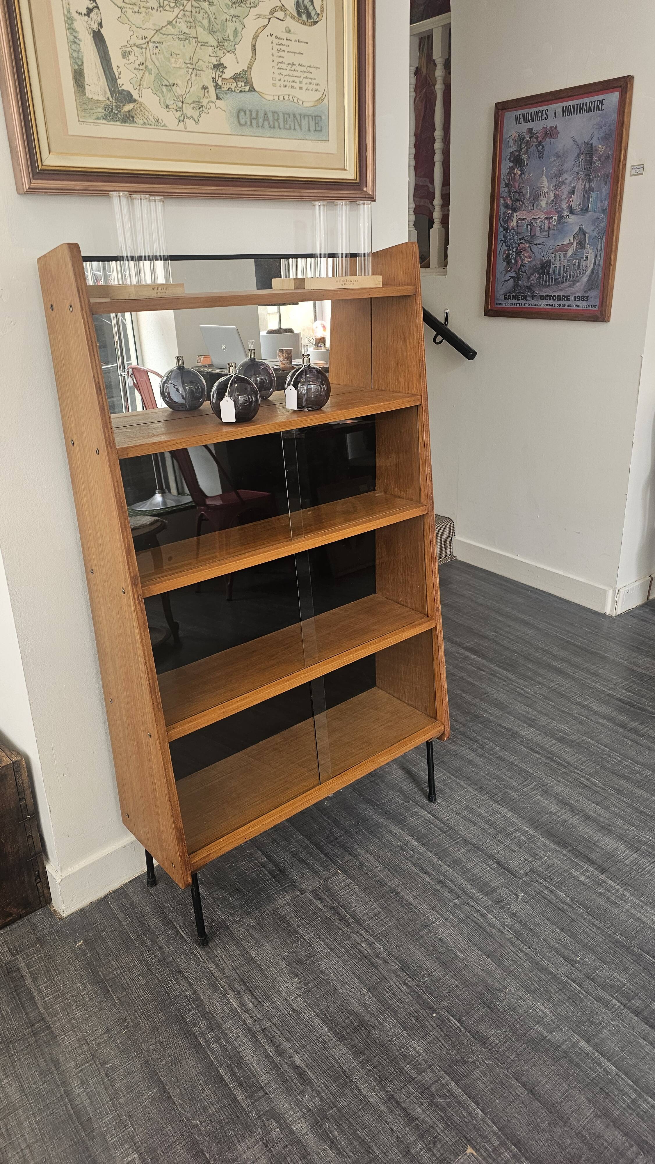 Modernist showcase library with sliding glass doors