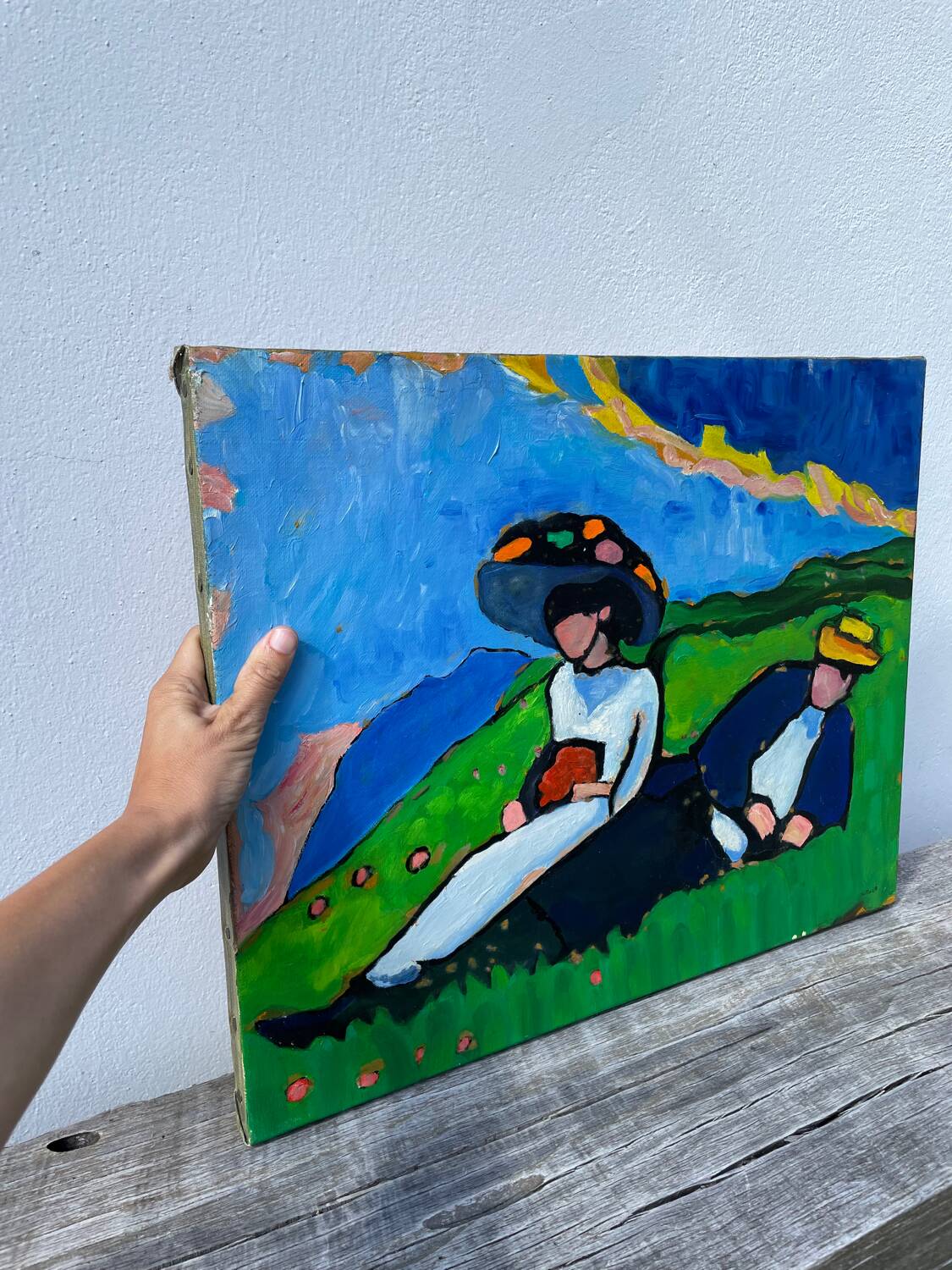 Tableau huile sur toile campagne couple