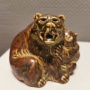 Two bear figurines from Danish Royal Copenhagen mid last century in sung glaze by Knud Kyhn (KK)