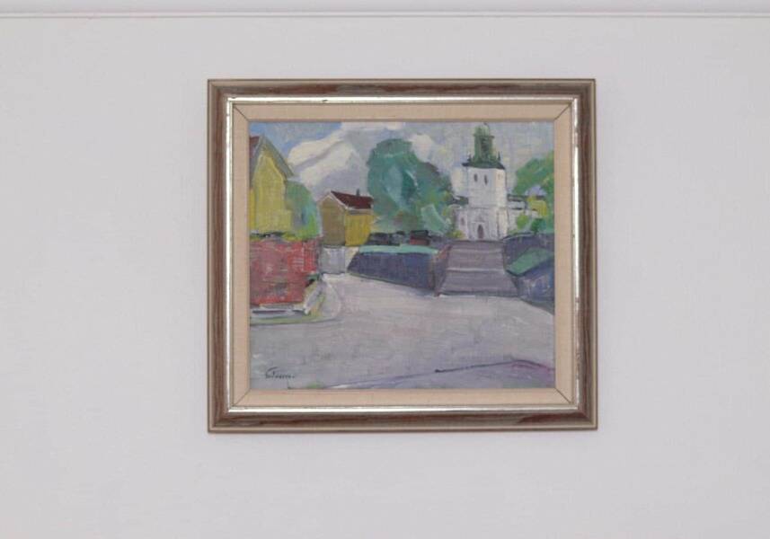 Original Swedish oil on canvas – “Church” by Stig Gilborne – vintage & framed – 67 × 52 cm (26.4" × 20.5")