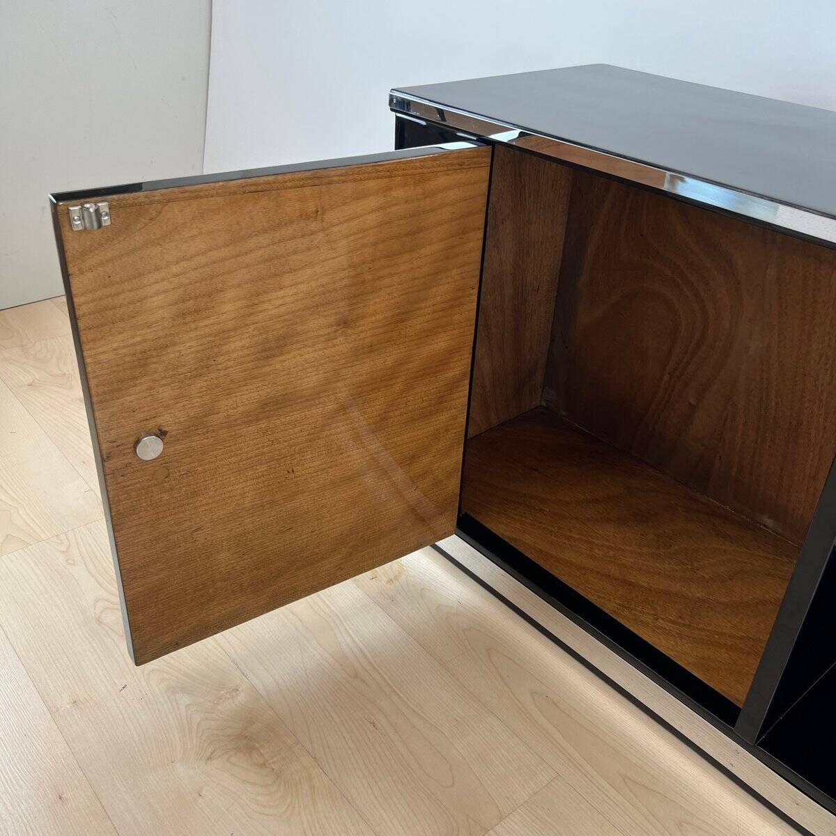 Art Deco Black Lacquered Lowboard with Chrome Fittings, France, 1930s