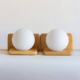 Duo of pine and opaline glass wall lights, 1980s