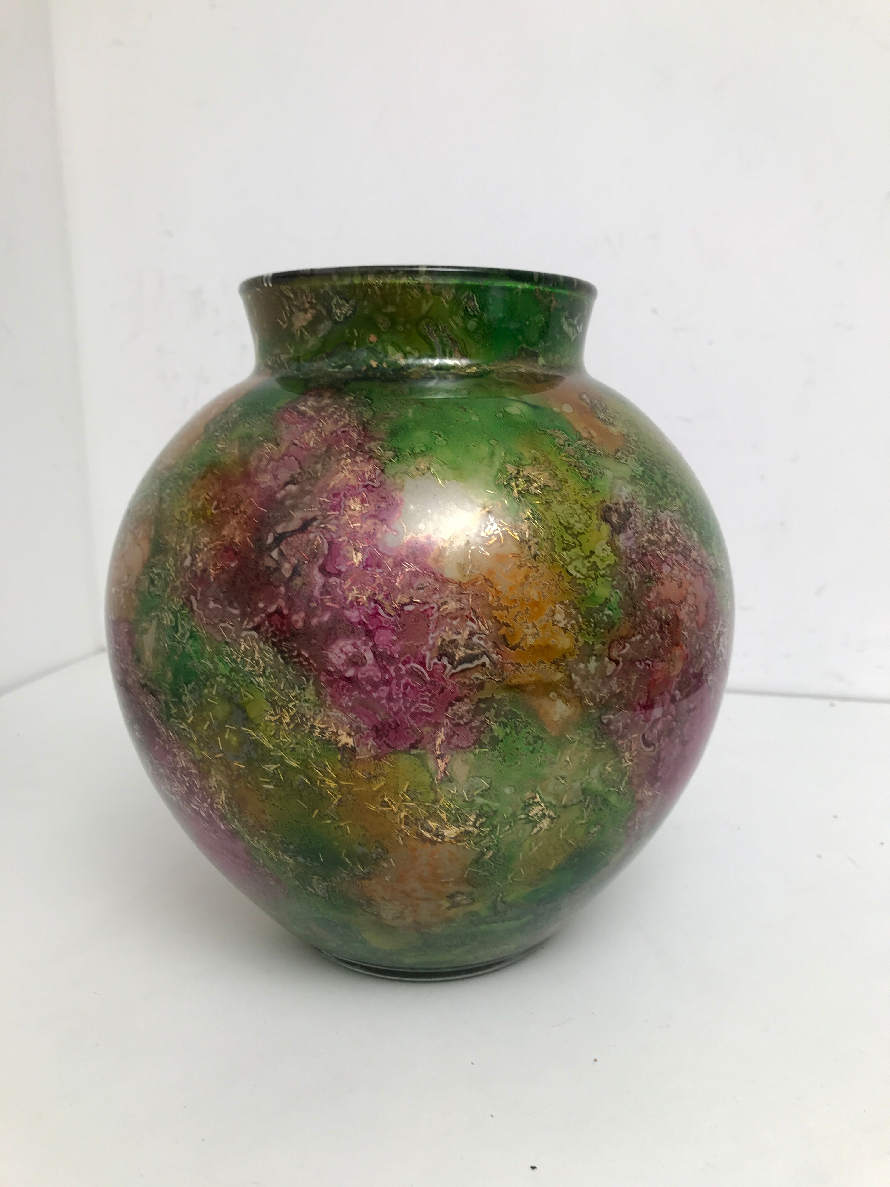 Linear lacquered glass vase 1970-1980 with internal decoration of gold oxides unique handmade piece