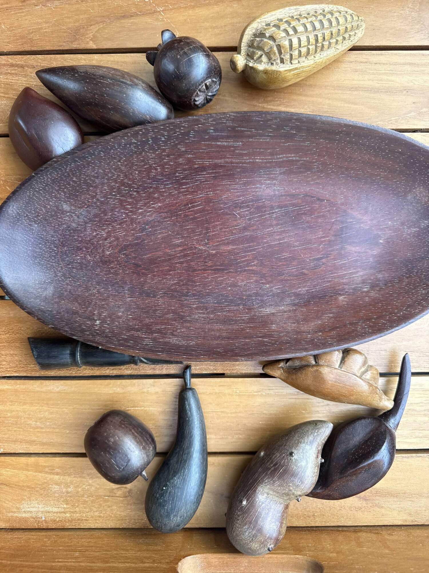 Large vintage carved wooden bowl with decorative fruits – 1970s