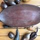 Large vintage carved wooden bowl with decorative fruits – 1970s