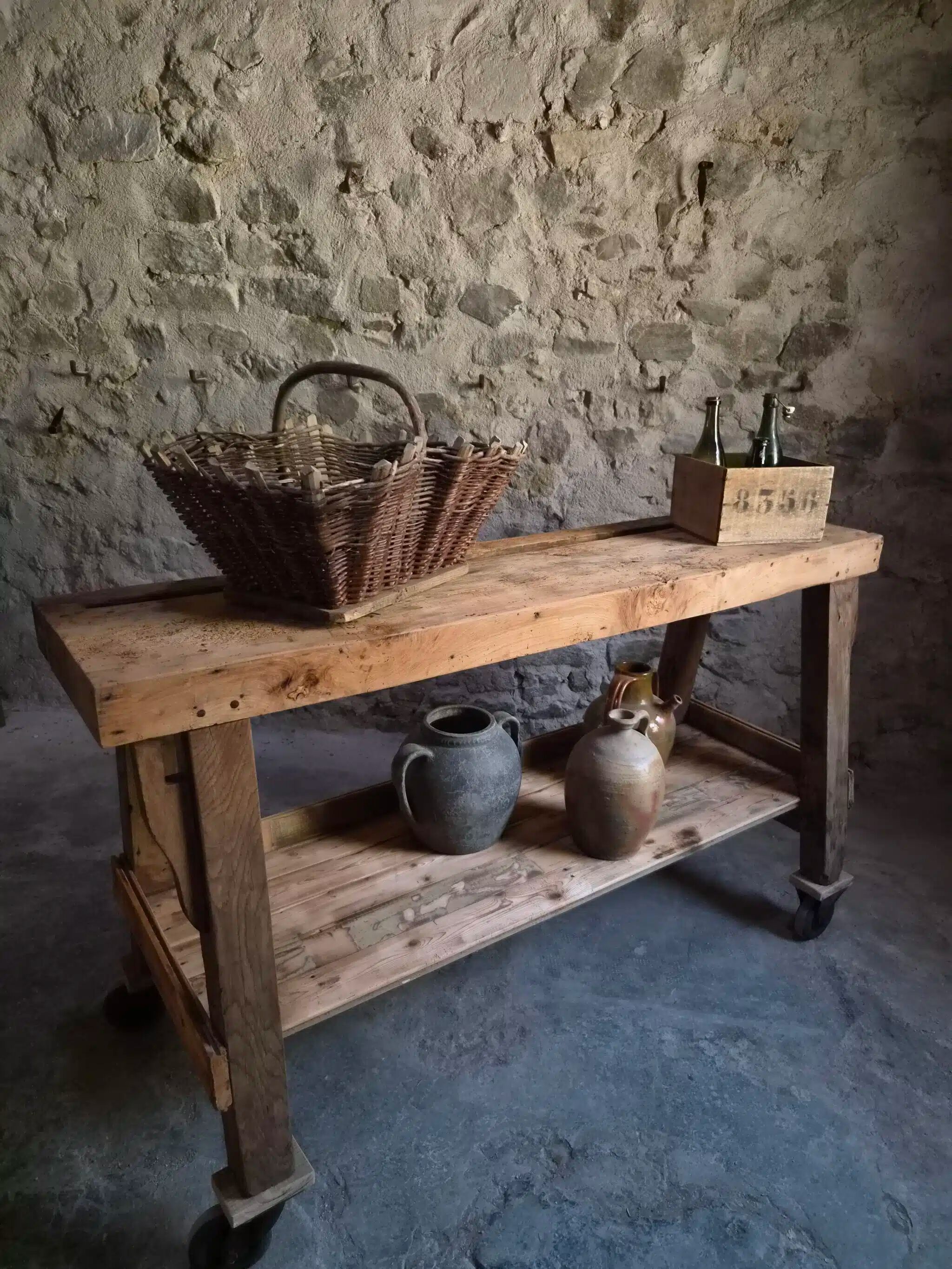 French industrial kitchen island, antique work table in chestnut and oak, circa 1900.