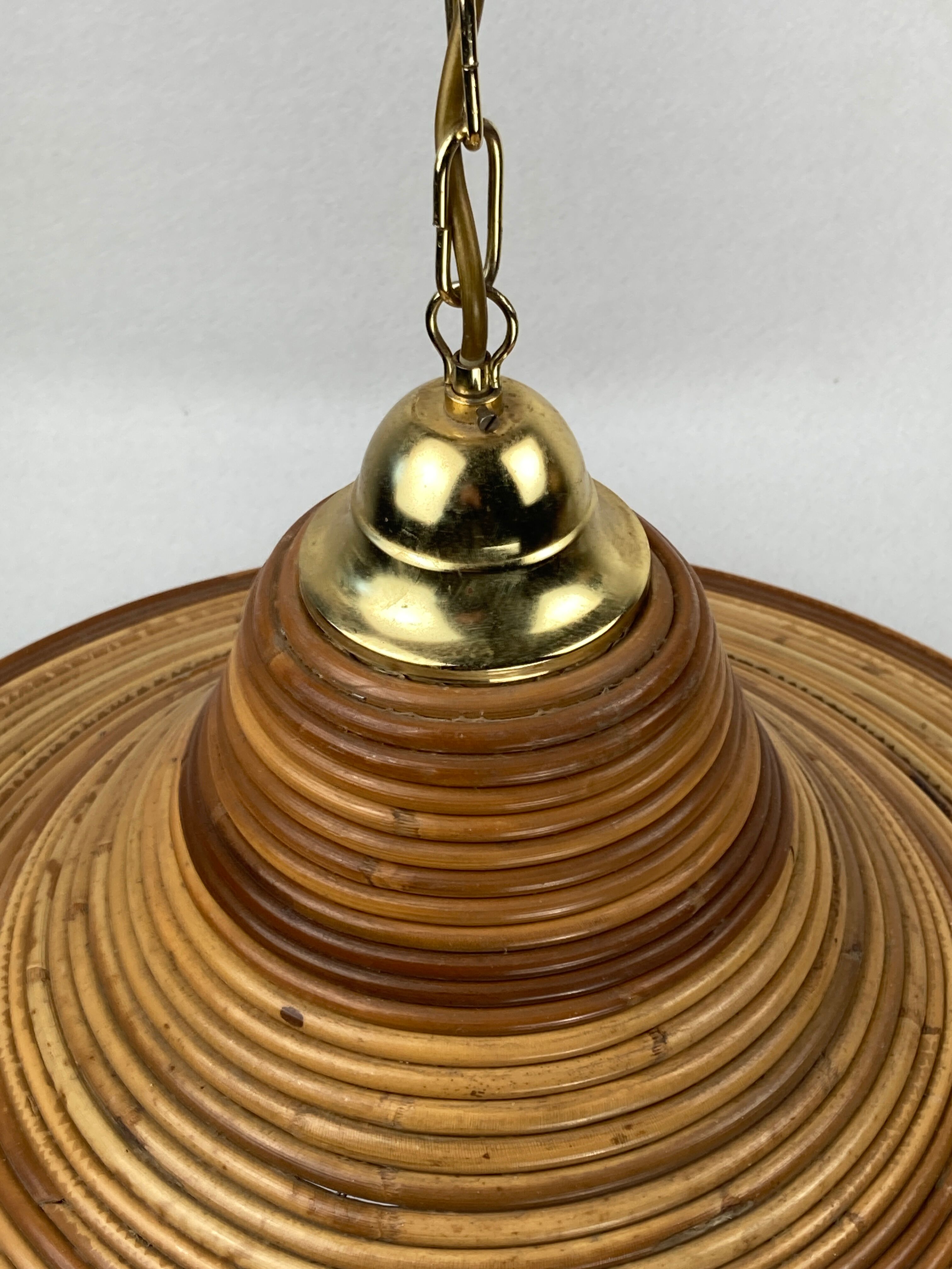 Pencil split reed rattan bamboo and brass pendant Lamp, 1970s