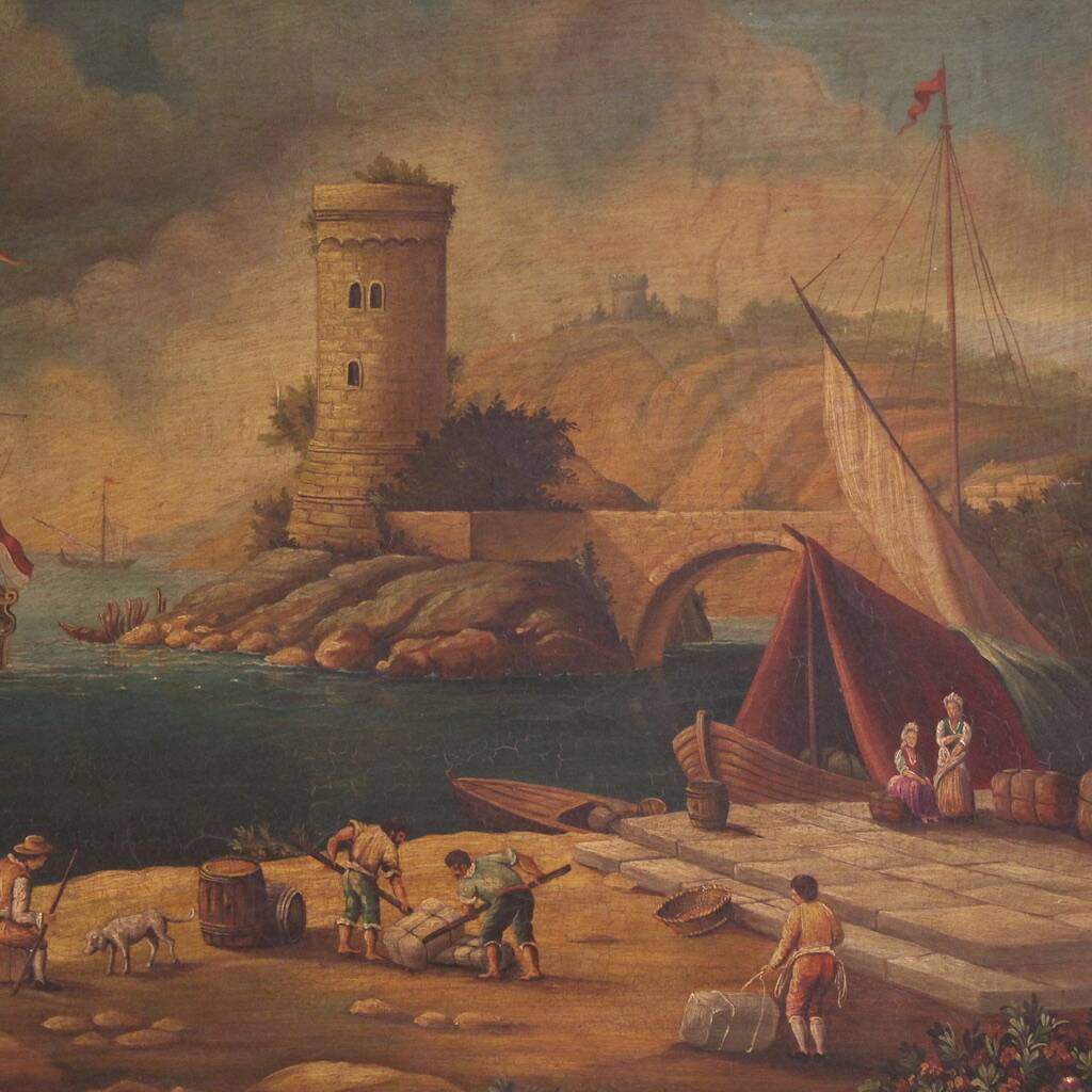 20th century Italian painting of a harbor view