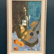 Original Swedish Oil on Canvas – "Guitar and Rum" – Signed – Vintage and Framed – 53 × 34 cm (20.9" × 13.4")