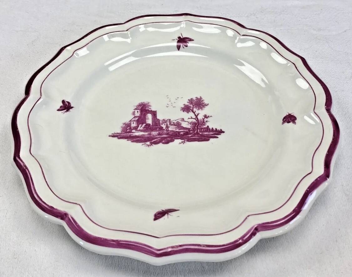 Ancien plat rond Gien modèle Paysages roses 1938 1960