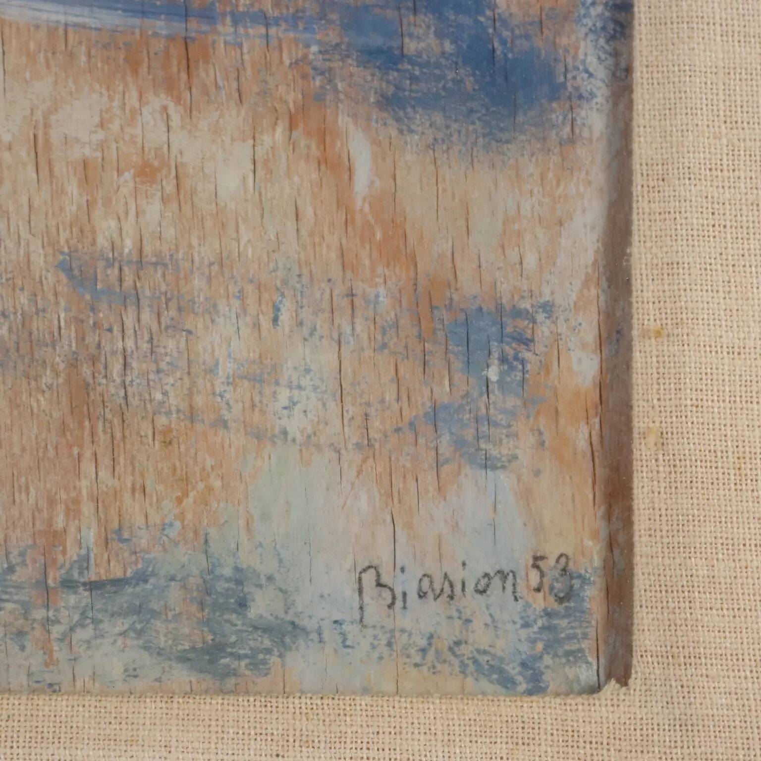 Modern painting signed Renzo Biasion, landscape of Garda, 1953.