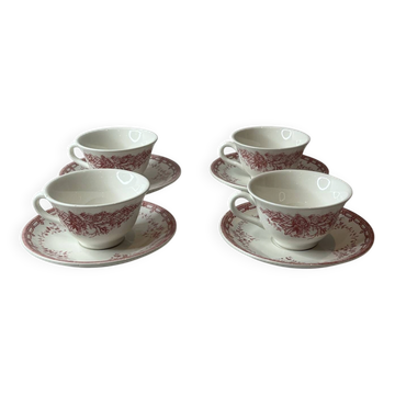 Lot de 4 tasses et sous-tasses Sarreguemines décor rose rouge