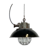 Black Enamel and Cast Iron Industrial Cage Pendant Light, 1950s