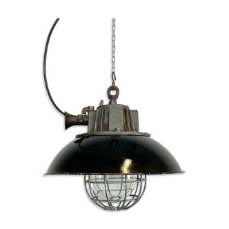 Black Enamel and Cast Iron Industrial Cage Pendant Light, 1950s