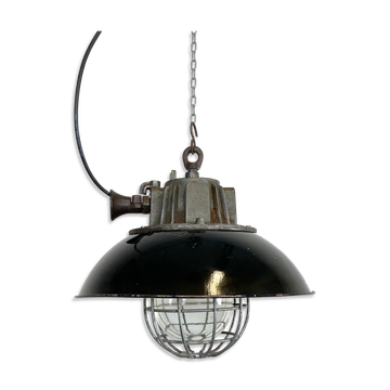 Black Enamel and Cast Iron Industrial Cage Pendant Light, 1950s